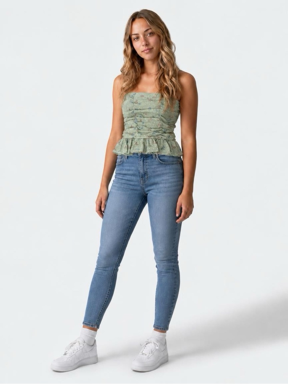 SO Sage Green Floral Ruffle Peplum Crop Top